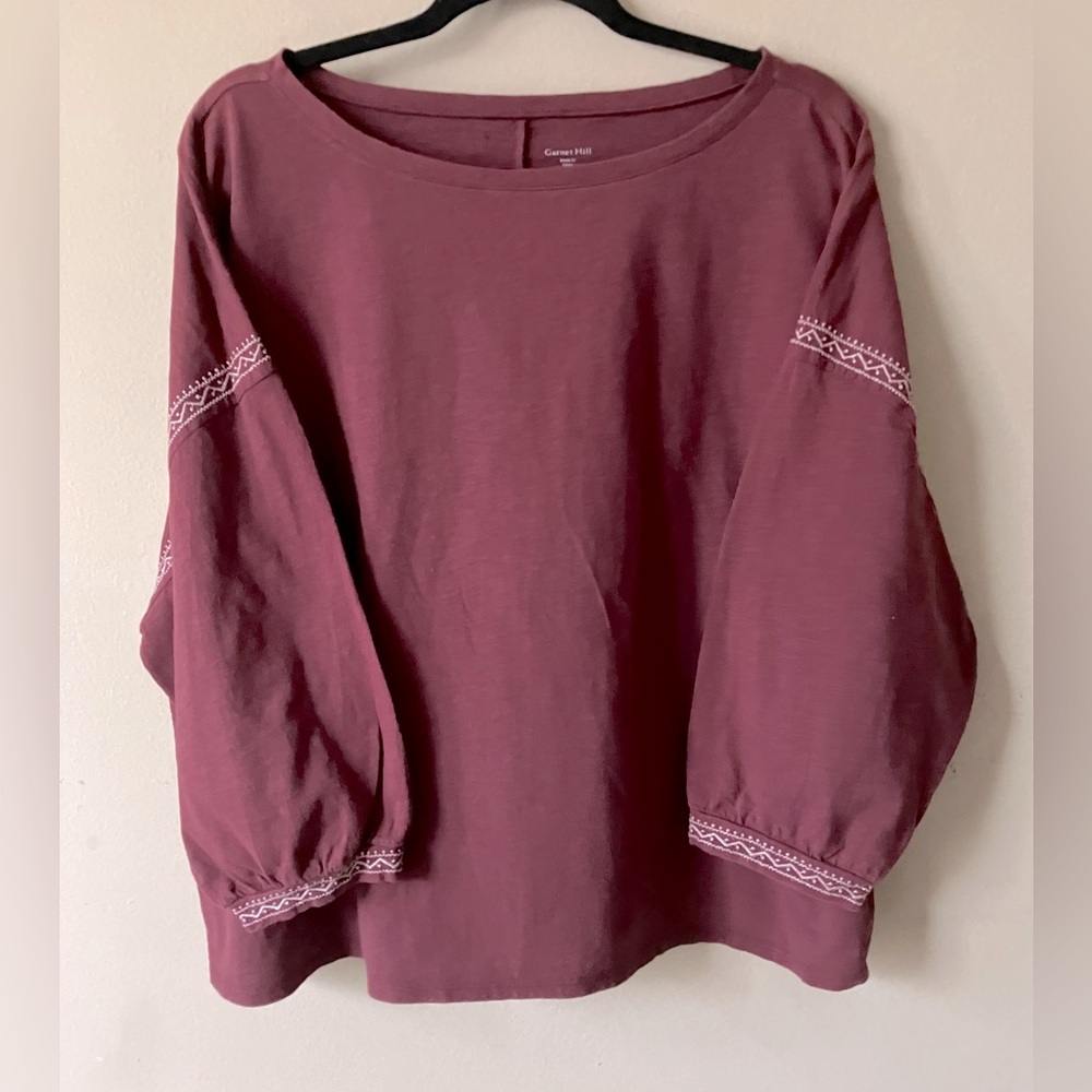 Garnet Hill Burgundy Blouse with Embroidered Detail